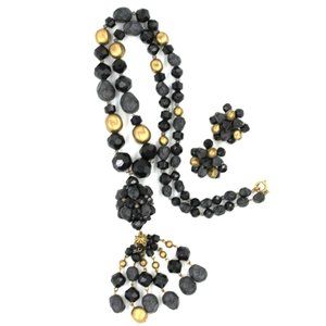 ANTIQUE West Germany black & gold tassle beaded necklace/earrings 27" EUC